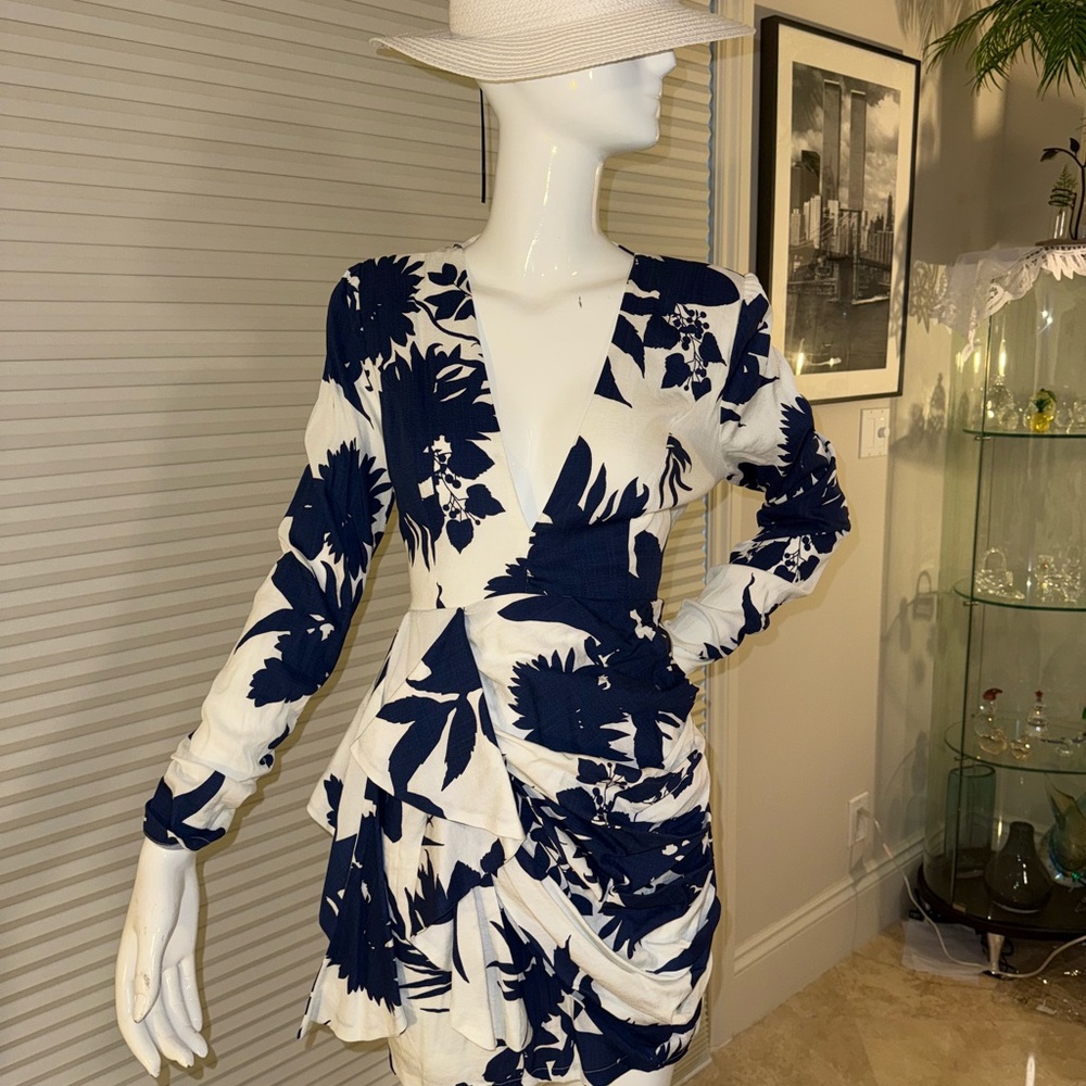 Elegant Navy and White Floral Wrap Dress